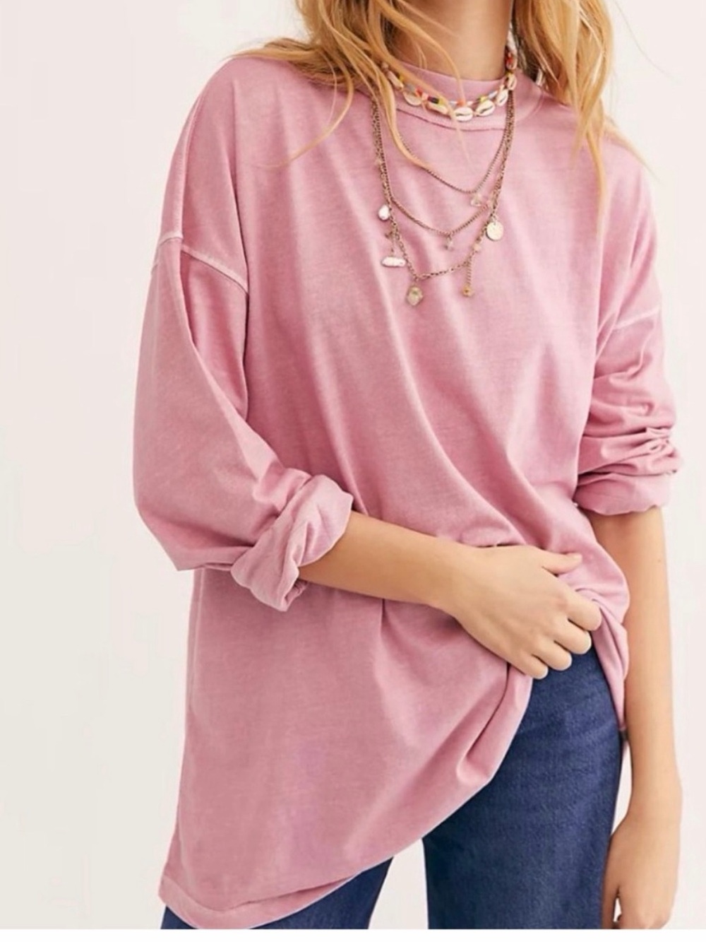 FP We the Free Be Free Light Pink Long Sleeve Tunic Top Large